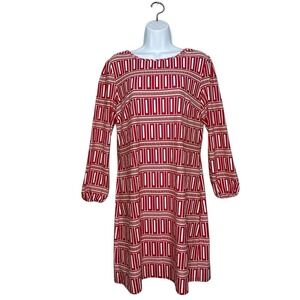 Jude Connally Chloe Shift Dress sz Large Red White Geometric Pull-On Long Sleeve